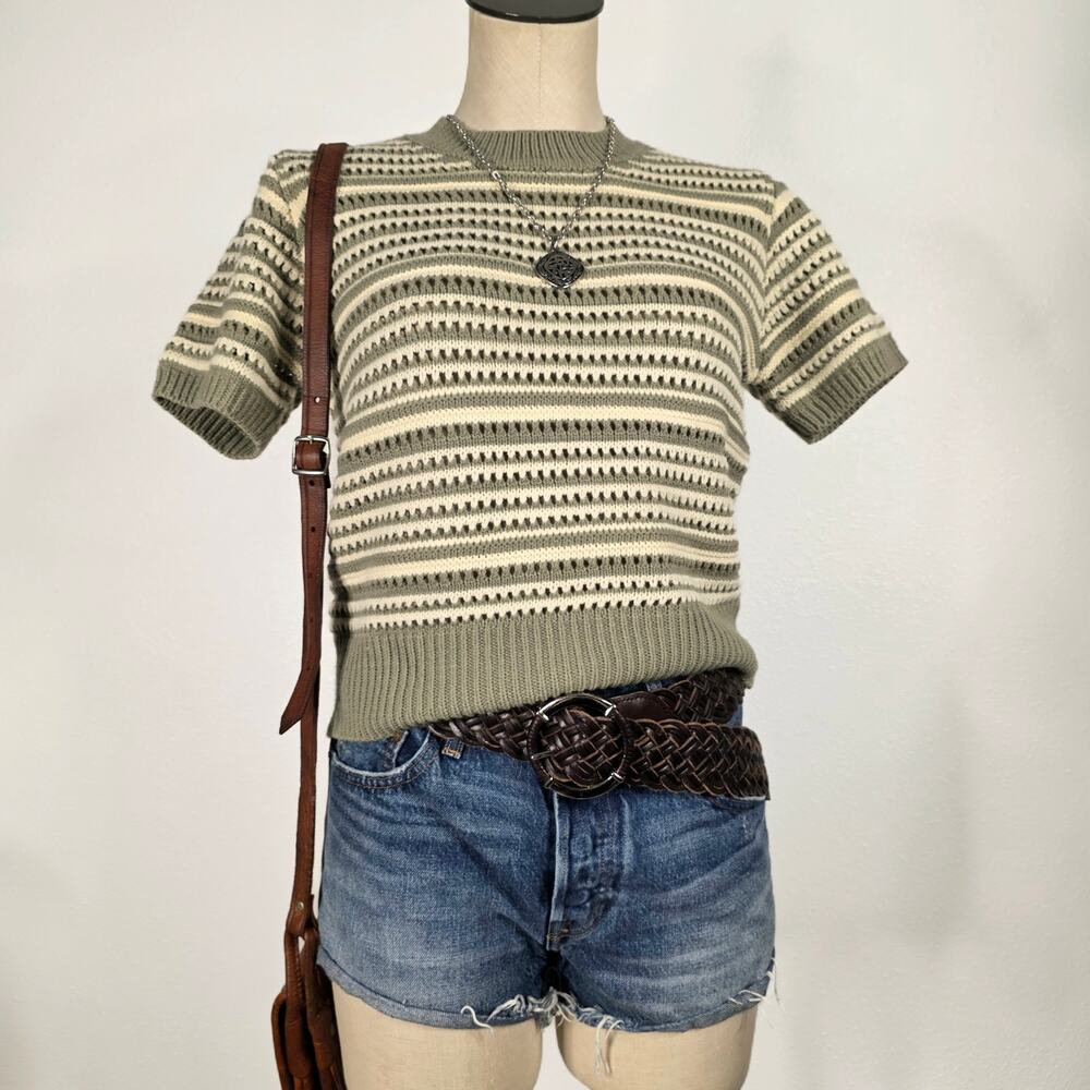 Sage Green Crochet Knit Sweater Tee Striped Cottagecore Pinch Size Medium